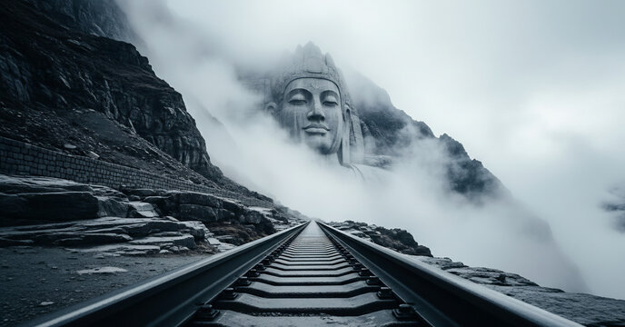 Inspiring landscape featuring a Buddha face emerging from foggy mountains, seen from train tracks. Ideal for travel blogs, meditation apps, spiritual retreats promotions.