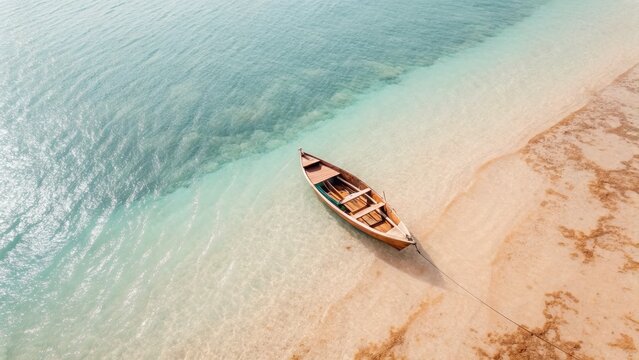 Small wooden boat resting on a sandy tropical beach shoreline