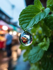 World in a Drop Market Scene Reflection Green Leaf Macro Detail
