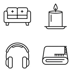 Outline vector icons sofa candle headphones and folded blanket for comfort and relaxation