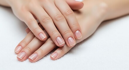 Naklejka premium Close-up of Elegant Female Hands with Healthy Natural Nails on White, Highlighting Skincare and Manicure.