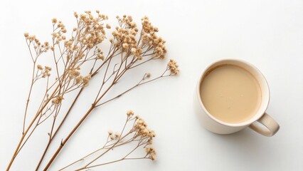 Cozy coffee break with dried flowers on a white background