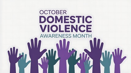 October domestic violence awareness month with many hands raised in support and solidarity against abuse