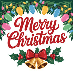 Obraz premium Merry Christmas wreath poster, colorful lights and holly, gold bell bow, cozy greeting typography, cheerful winter holiday vector