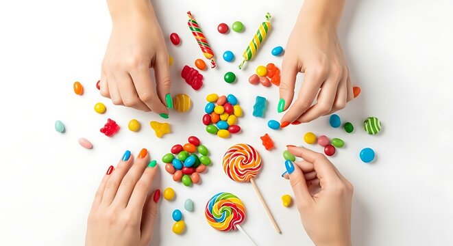 Overhead View of Hands Arranging Colorful Candies on White Surface, Playful Composition. - Powered by Adobe