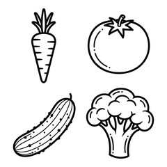 Outline vector illustration of fresh vegetables carrot tomato cucumber broccoli