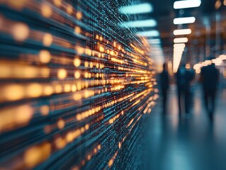 An abstract representation of digital data flow, with blurred figures in the background, conveying a sense of technology and modernity.