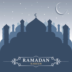 Lettering, Illustration Ramadan Kareem with Mosque Silhouette Under Starry Night Sky, Vector Calligraphy Design, Usable for Poster, Banners, Postcards, Wallpaper, Gifts etc.