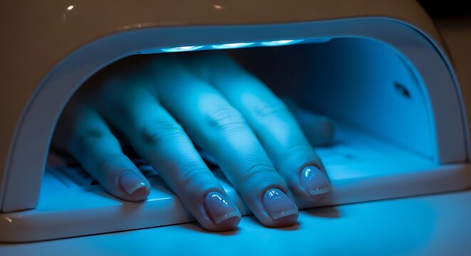 Close-up of a womans hand with polished nails curing under a bright blue UV lamp for gel polish. - Powered by Adobe