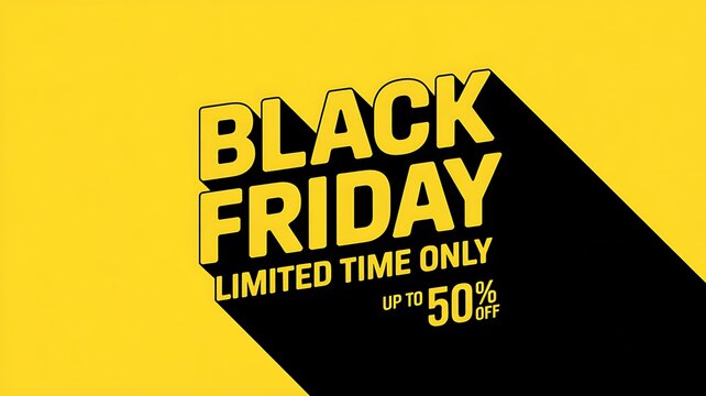Bold black friday sale announcement with up to 50 percent discount and limited time offer on bright yellow background - Powered by Adobe