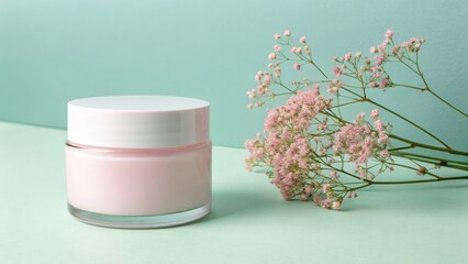 Elegant pink cream jar with delicate pink flowers on a mint green background