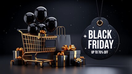 Luxurious black friday shopping cart filled with gifts and balloons next to a large sale tag with text and dark background