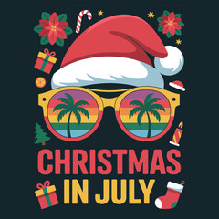 Obraz premium Christmas in July design, Santa hat with sunglasses, tropical flowers, candy cane, gift icons, summer holiday vector
