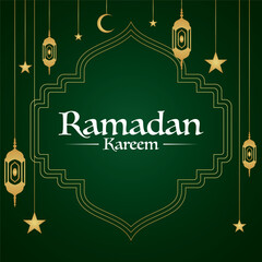 Lettering, Illustration Ramadan Kareem with Golden Lanterns and Stars On A Deep Green Background, Vector Calligraphy Design, Usable for Poster, Banners, Postcards, Wallpaper, Gifts etc.