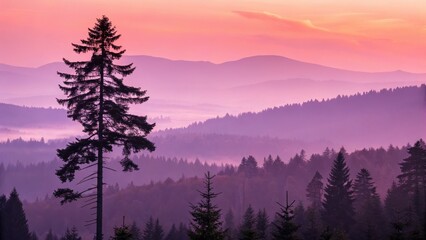 Misty mountain peaks at sunrise with silhouetted pine tree