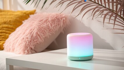 Softly lit bedside table with cozy pillows and a gradient lamp