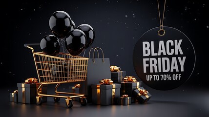 Black friday shopping cart filled with gifts and balloons a sale tag hangs nearby advertising up to 70 percent off