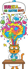 Fototapeta premium Funny Cartoon Cat Scientist with Explosive Colorful Chemical Reaction Experiment