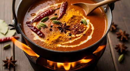 Spicy indian curry simmering in a pot with flames
