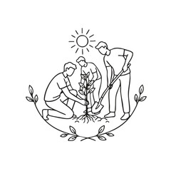 Tree planting teamwork vector line art illustration