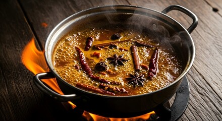 Spicy sichuan hot pot with star anise and chili peppers simmering