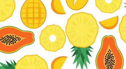 Vibrant tropical fruit pattern featuring juicy pineapple slices, ripe mango wedges, and fresh papaya halves, perfect for summer designs.