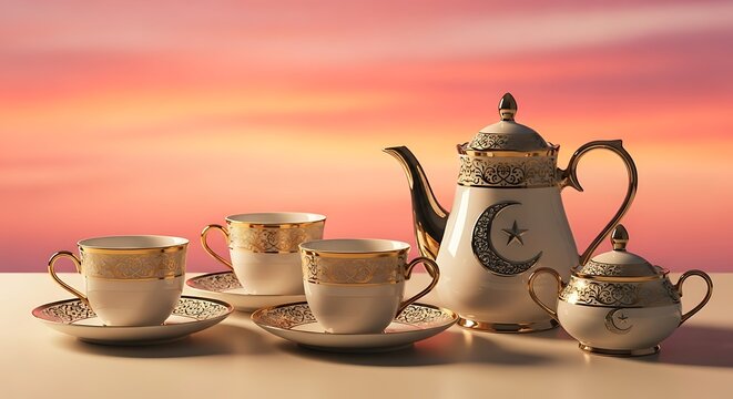 Elegant tea set with crescent moon motif evokes luxury and cultural celebration during sunset.