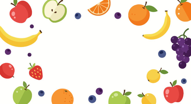 Vibrant fresh fruit border showcasing apples, bananas, oranges, grapes, strawberries, and blueberries for healthy eating and natural themes