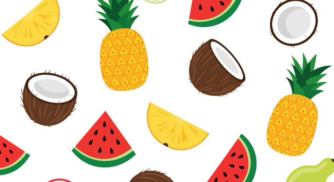 Vibrant summer fruit pattern featuring juicy pineapples, refreshing watermelon slices, and tropical coconuts, perfect for party invitations and seasonal designs