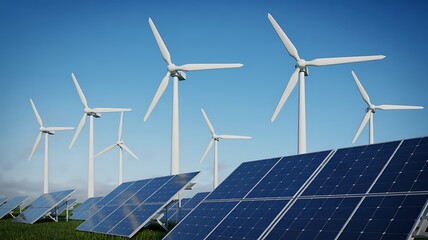 Modern renewable energy farm featuring a field of solar panels in the foreground with multiple wind turbines generating clean electricity under a clear blue sky