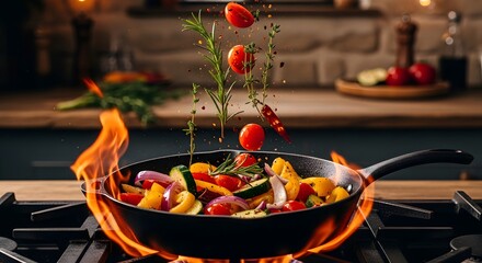 Fresh vegetables tossed in a hot pan with flames on a stovetop
