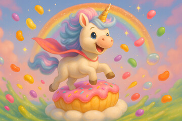 Happy unicorn with rainbow mane leaps over donut under glowing arc of color