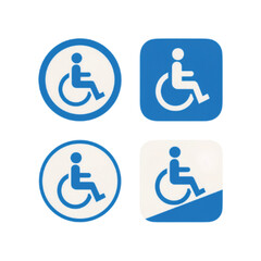 Four blue and white wheelchair accessibility signs on a white background.