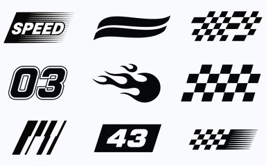 Set of racing sport elements including checkered flags, flames, and speed