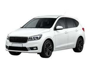 White hatchback car isolated on black background