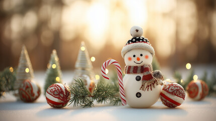 Obraz premium Cute snowman with candy cane and Christmas ornaments in snowy forest at sunset holiday celebration