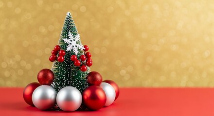 Obraz premium Festive Christmas Still Life with Tree and Ornaments Decoration