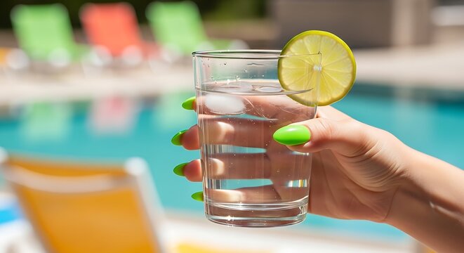 Refreshing Clear Drink with Lime Slice Held by Hand with Bright Green Nails by Poolside.