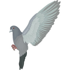 Pixel art grey pigeon bird with wings spread open in flight against a white background with detailed feathers and claws visible and a red eye