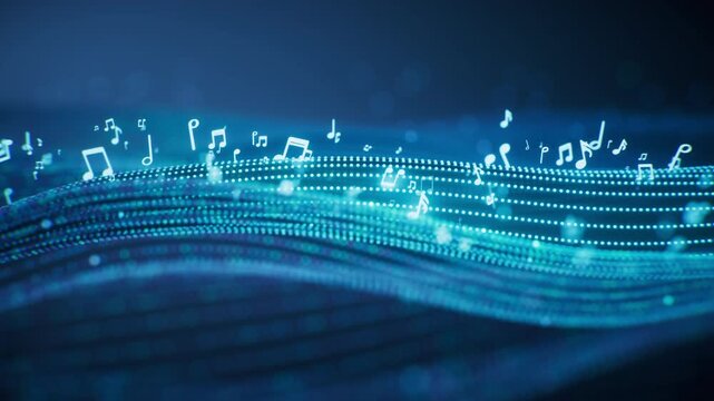 Music notes and glowing neon lines, 3d rendering.