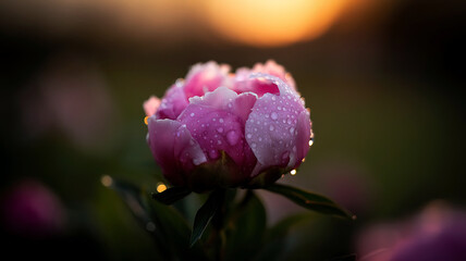 Close up of a pink peony bud covered in water droplets at sunrise