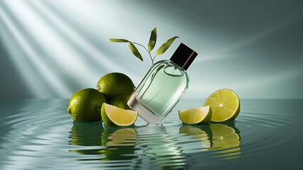 Elegant perfume bottle surrounded by fresh citrus fruits and water ripples