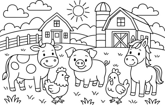hand drawn vector doodle illustration of Farm coloring page for kids line art
