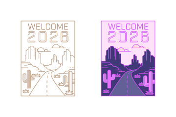 Two desert scenes welcome visitors to 2026 with cacti and mountains.