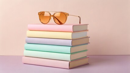 Pastel books stacked with sunglasses on a light background