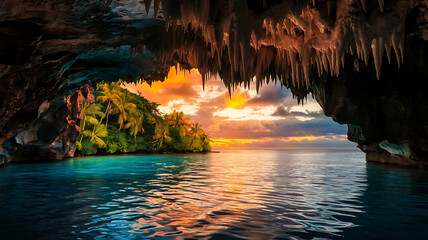 Tropical cave entrance overlooking a vibrant sunset and turquoise water