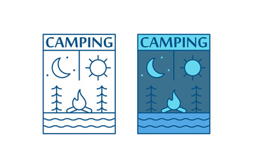 Two camping logos show moon sun trees fire and wavy water.