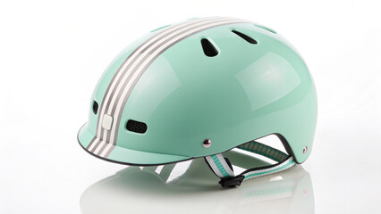 Stylish mint green bicycle helmet with red and white stripes
