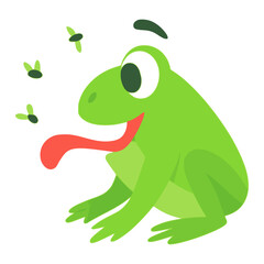 cute green frog trying to eat insect flat color vector illustration template design