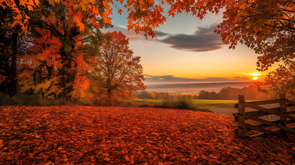 Vibrant autumn landscape with golden sunset over rolling hills